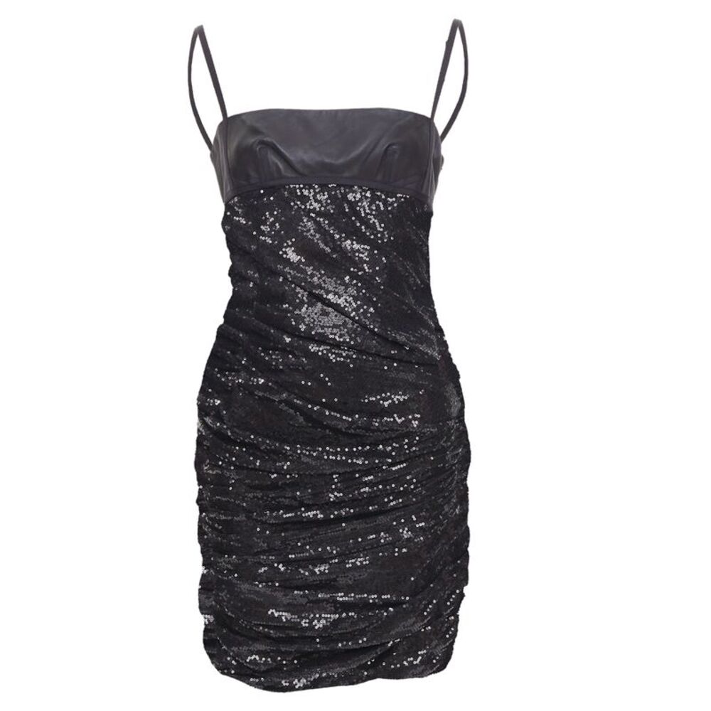 ALEXANDER WANG black lambskin leather Sequin Goddess ruched dress US4 S